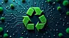 Green recycling symbol on a circuit board background. Perfect for illustrating environmental awareness, technology, and sustainability concepts.