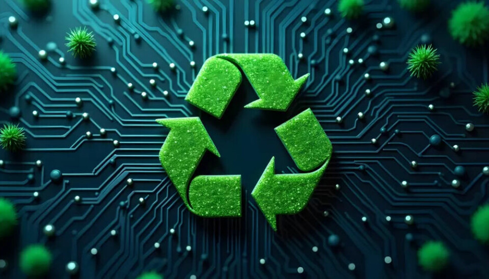 Transforming waste into value in electronics Green recycling symbol on a circuit board background. Perfect for illustrating environmental awareness, technology, and sustainability concepts.