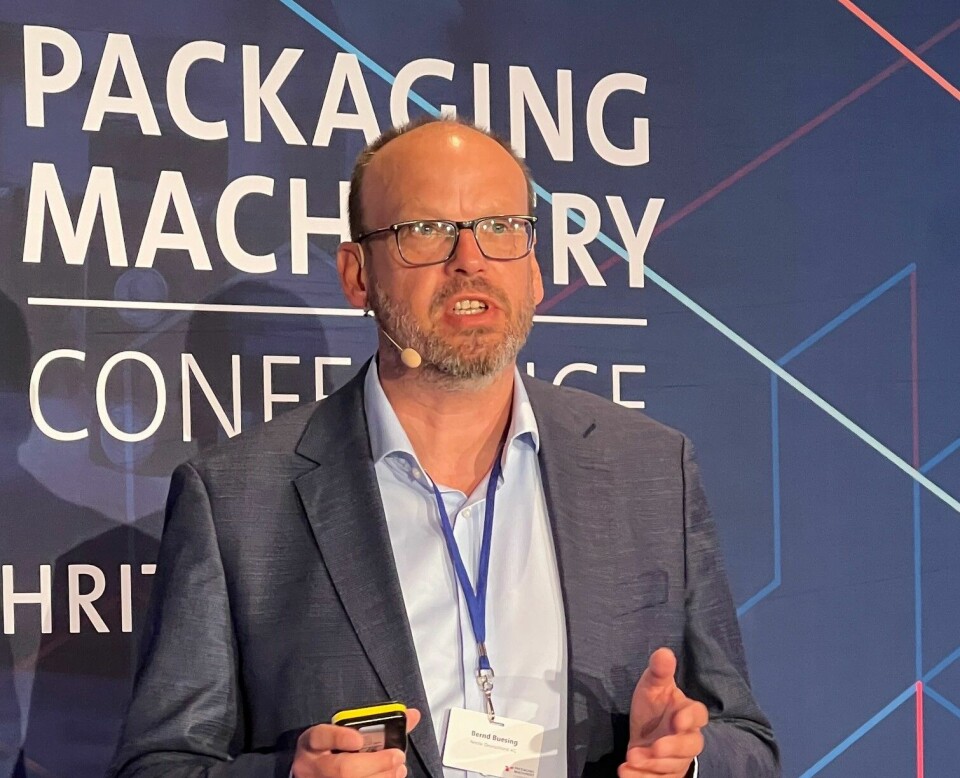 Bernd Büsing during his presentation at the Packaging Machinery Conference 2024. Bernd Büsing während seines Vortrags auf der Packaging Machinery Conference 2024.